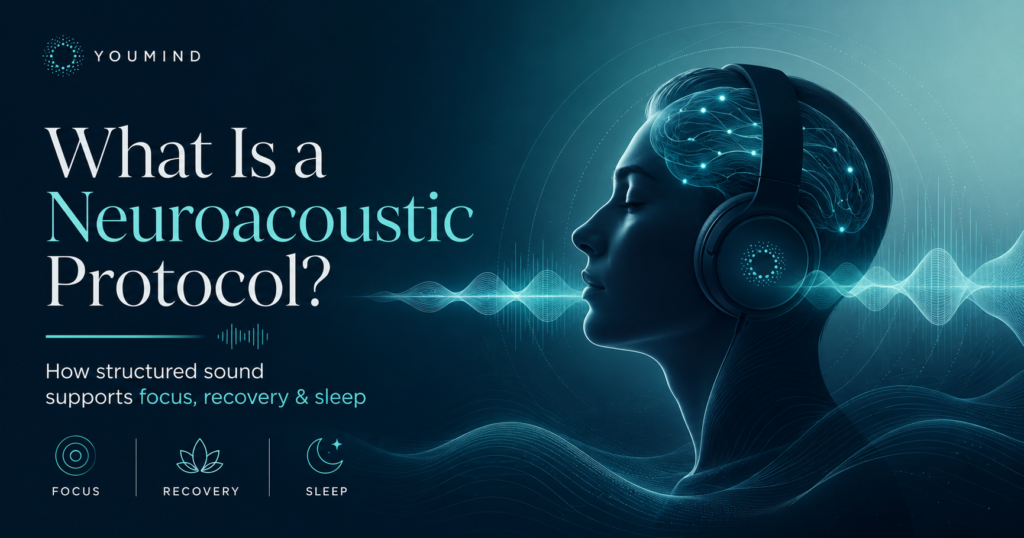 Person using headphones for a personalized neuroacoustic protocol designed for focus, recovery and sleep preparation.