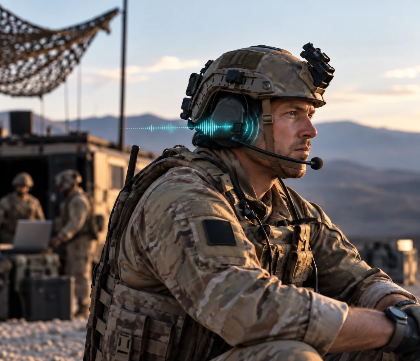 Soldier in combat gear and a tactical headset with a glowing sound wave, representing military cognitive readiness and operator transition support