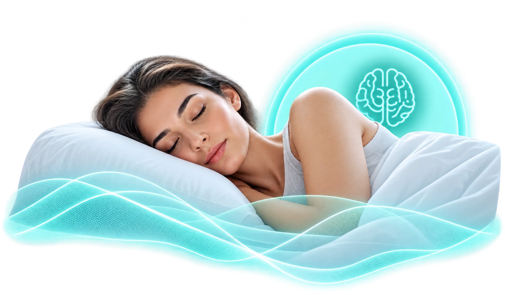 Woman sleeping peacefully on a pillow with glowing sound waves and a brain icon, representing delta entrainment for slow-wave sleep continuity