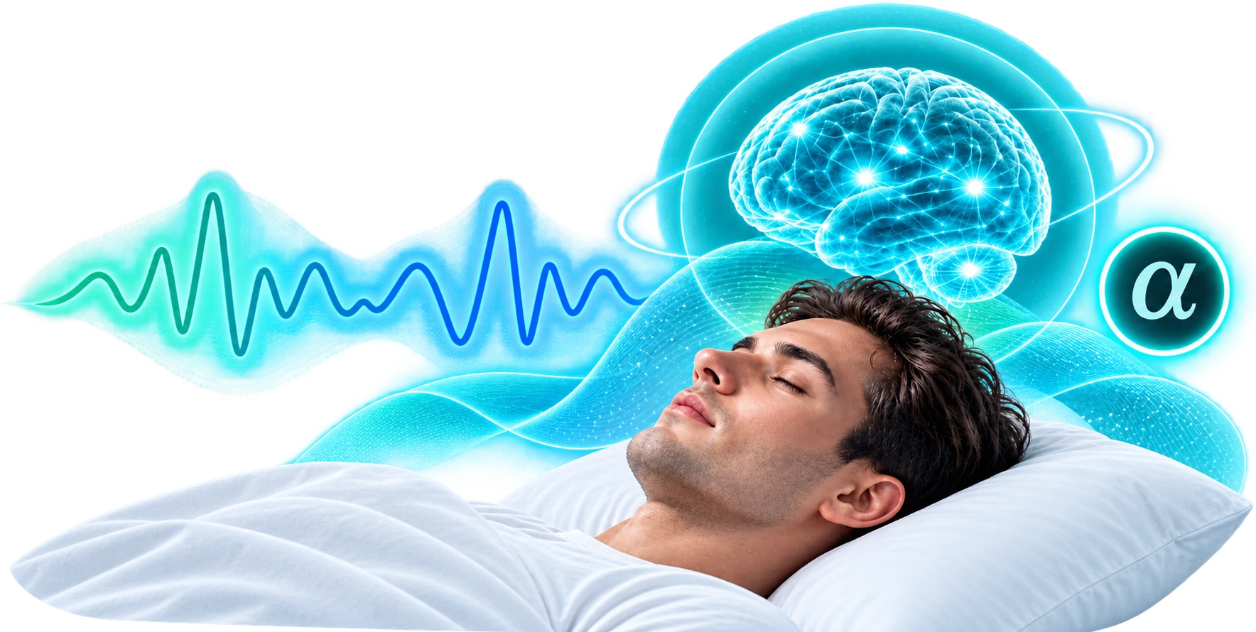 Man sleeping with a glowing brain and flowing brainwave signal above him, representing recovery state regulation and a shift away from high-stress frequency patterns