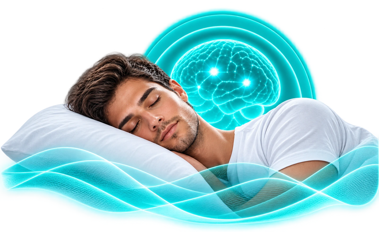 Man sleeping on a pillow with a glowing brain and soft sound waves, representing sleep-based support for metabolic waste clearance and muscle tissue repair