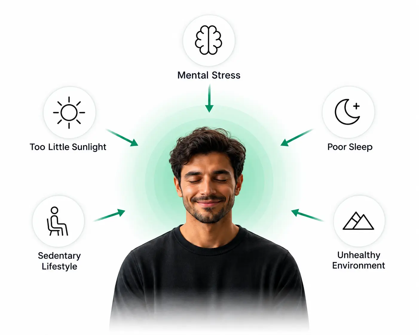 Environmental and lifestyle stressors including mental stress, poor sleep, low sunlight, sedentary behavior, and unhealthy surroundings.