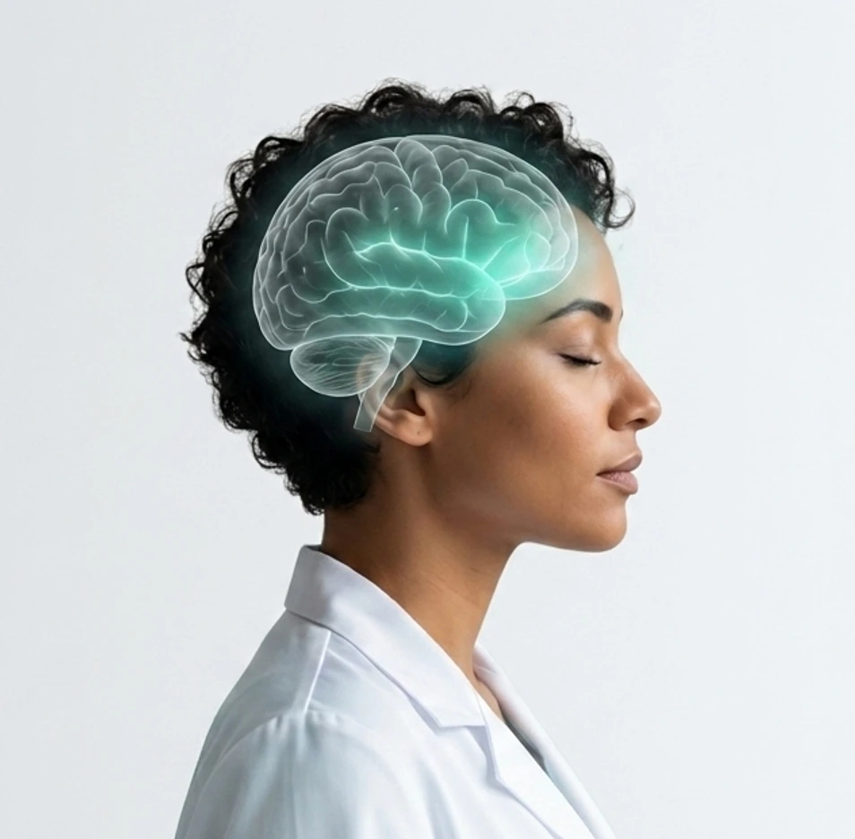Objective state assessment showing a regulated physiological state with brain activity visualization and higher HRV indicators.